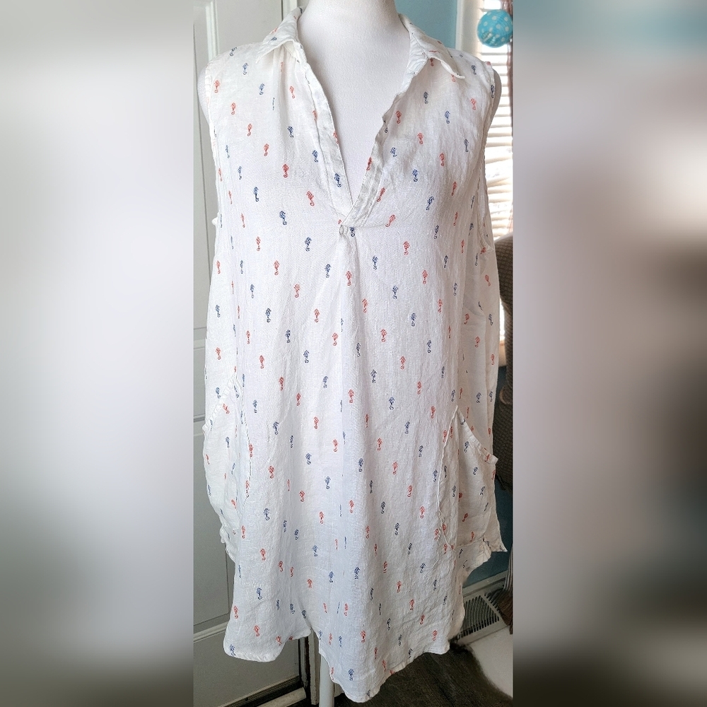 Forcynthia Beach 100% Linen Sleeveless Tunic Womens L White Coral Blue Seahorses